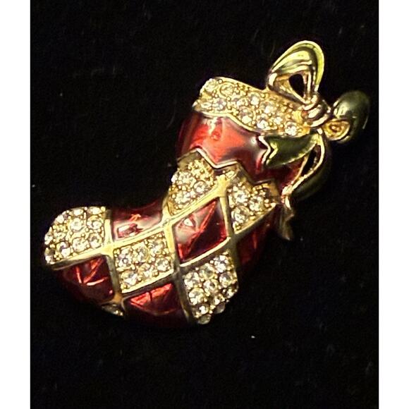 Vintage Christmas stocking brooch enamel and rhinestone gold tone Monet - Picture 3 of 7